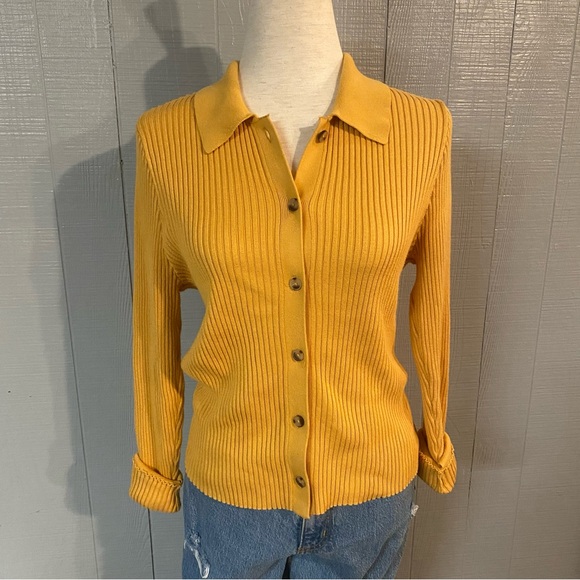 Abercrombie & Fitch Women's Yellow Gold Mustard Ribbed Cardigan Sweater XL - Picture 3 of 7